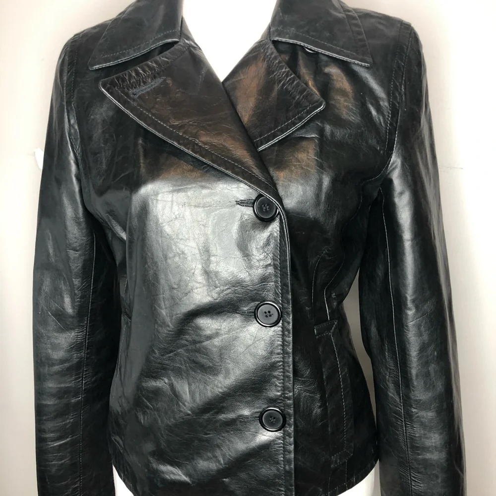 The Wrights Black Leather Double Breasted Jacket Moto Size 8 - Picture 2 of 13